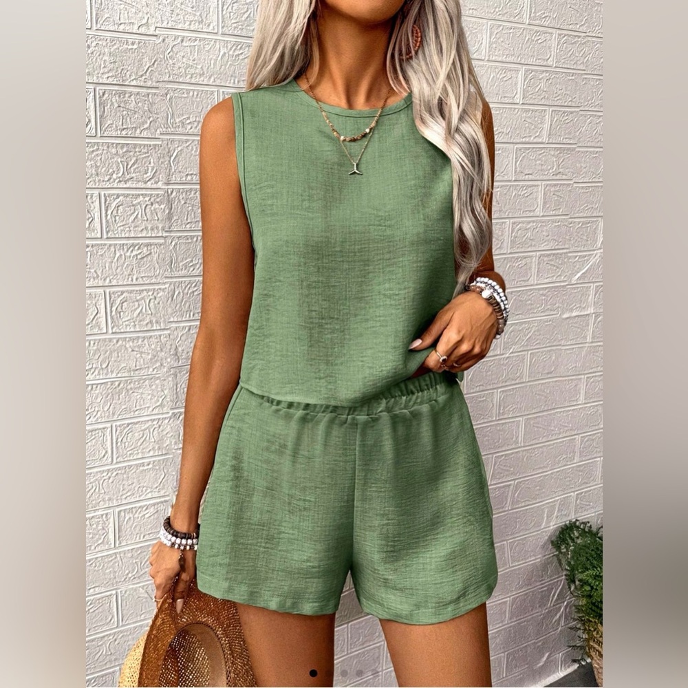 Elegant Olive Sleeveless Short Set